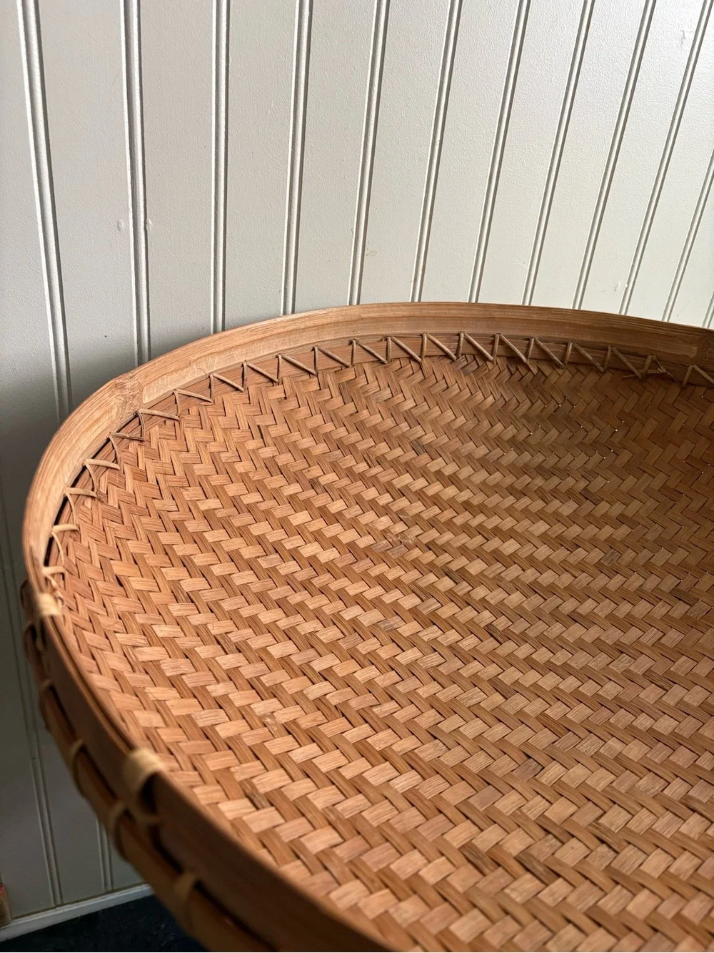Vintage Large Woven Bamboo Asian Winnowing Basket Brown 20” Diameter Traditional